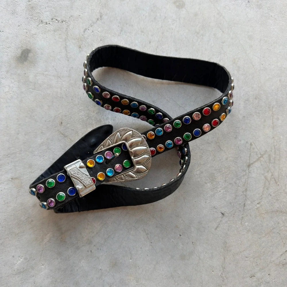 Western Black Leather Belt Multi Color Rhinestone Silver Engraved Buckle 35in